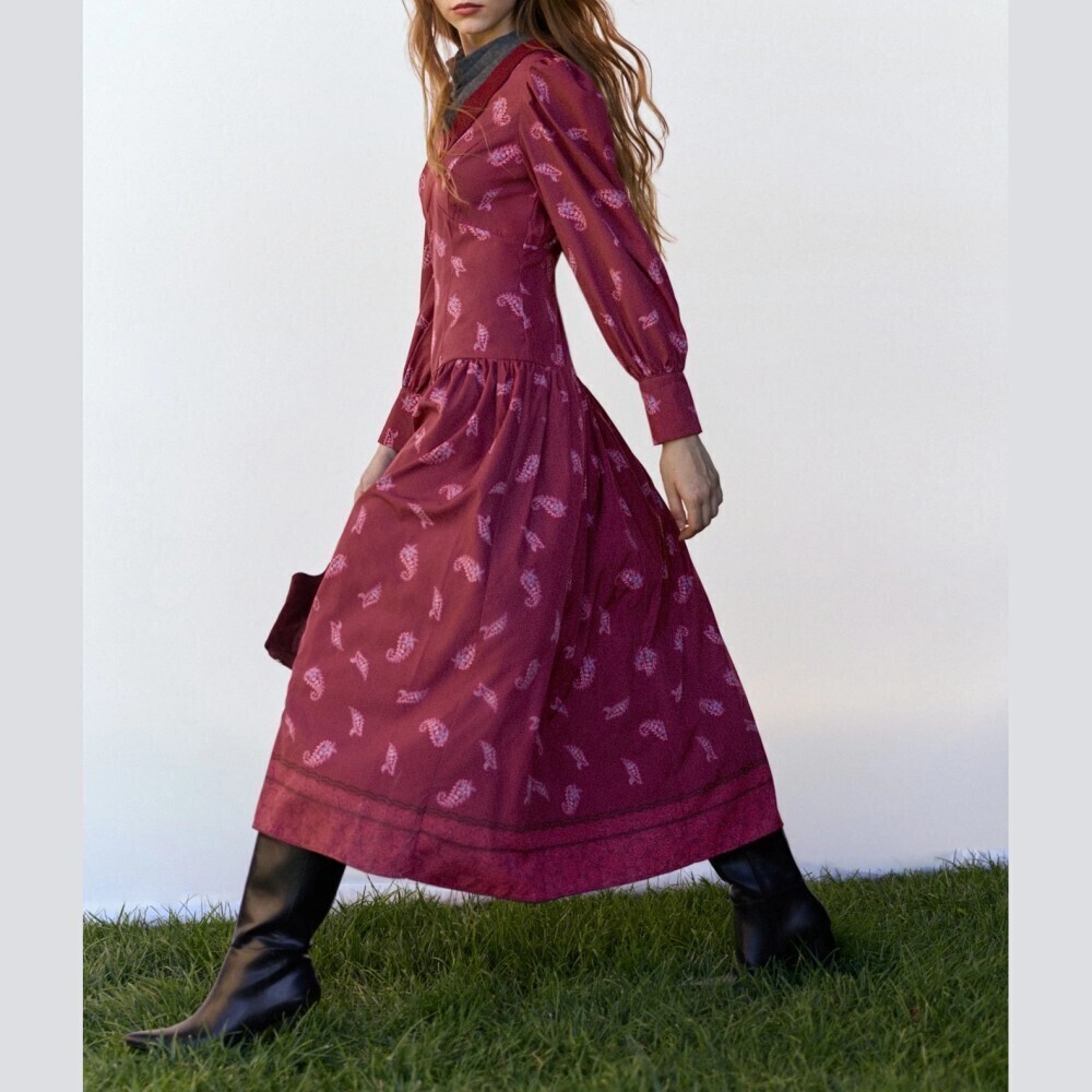 Burgundy Paisley Print V Neck Long Sleeve Maxi Dress